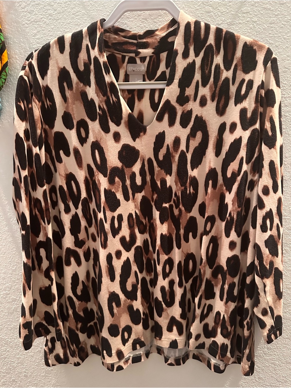 Chico's Leopard Print V-Neck Long Sleeve Top - tan/brown/black